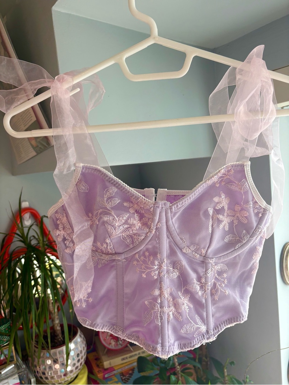Lavender Embroidered Floral Lace Organza Strap Bustier with Unique Ribbon Ties
